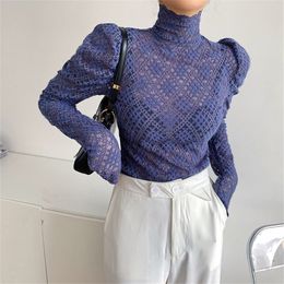 Lace Sexy Turtleneck Solid Female Chic Basic Slim High Quality All Match Women Autumn Tops Puff Sleeves T-shirt 210421