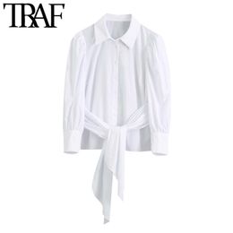 TRAF Women Fashion With Bow Tied Pleated Blouses Vintage Puff Sleeve Button-up Female Shirts Blusas Chic Tops 210415