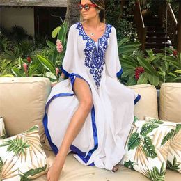 Plus Size Blue Embroidered Summer Beachwear Chiffon Kaftan Beach Woman Tunic Bath Dress Robe plage Swim Wear Cover Up #Q7 210722