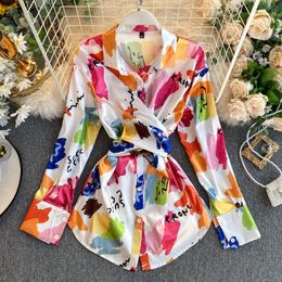 Spring Summer Koean Tie Dye Satin Ladies Tops Elegant Long Sleeve Bandage Irregular Blouse Shirts Women's Blouses &