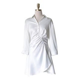 Turn Down Collar Long Sleeve Mini Dress Summer Women White Solid Satin Shirt Button D1990 210514