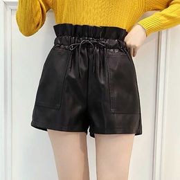 Pu Leather Shorts Women High Waist Tether Flower Bud Wide Leg Autumn Winter Korean Loose Street Womens 210615