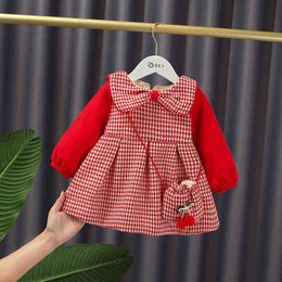 Baby Girls Grid With Velvet Dress Sweet Bowknot Receives Princess Dress +bag In The New Year Kids G1129