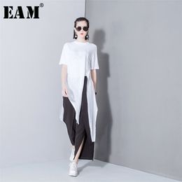 [EAM] Women White Solid Colour Asymmetrical Vent Long T-shirt Round Neck Short Sleeve Fashion Spring Summer T298 210623