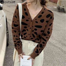 Leopard Knitted Women Cardigan Sweater Long Sleeve V-neck Single Breasted Tops Vintage Fashion Ladies Female Jumpers 210513