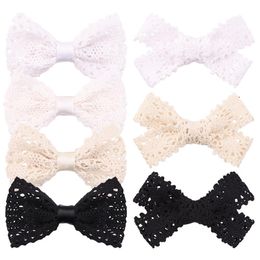 7 Colors Girl Hair Bows 3 inch Bow Solid Color Lace Hollow Out Design Baby Girls Clippers Kids Accessory