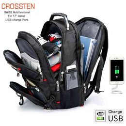 -Crossten Прочный 17-дюймовый рюкзак для ноутбука, 45L дорожная сумка, книжный мешок для колледжа, порт для зарядки USB, водостойкий, швейцарский многофункциональный 210830