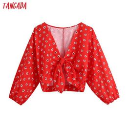 Tangada Women Fashion Red Floral Print Crop Blouses Vintage Puff Sleeve Elastic Trims Female Shirts Chic Tops BE934 210609