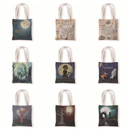 Halloween Casual Print Reusable Eco Friendly Shopping Bags Bat Pumpkin Ghost Canvas Gift Fashion Handbags Grocery Shoulder Loose Change Storage Tote Bag TR0087