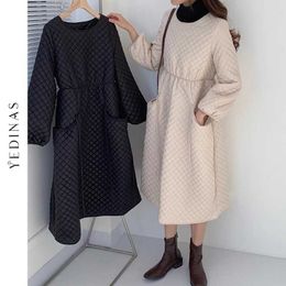 Yedinas Winter Long Coat With Rhombus Pattern Casual Women Parkas Thick Coats Dress Windproof Jacket Warm Outerwear Female 210527