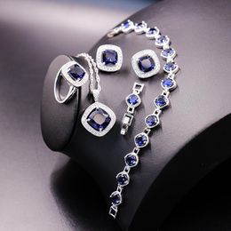 Earrings & Necklace Silver 925 Jewellery Sets Blue Zircon Stone Beads Decoration Women Engagement Earrings/Pendant/Rings/Bracelet/Necklace Set