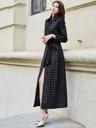 Designers Black Plaid Women Trench Coat Medium Long Overcoat Single Breasted Elegant Female Windbreaker S-2XL Styles Coats