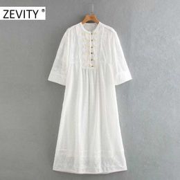 ZEVITY Women elegant o neck hollow out embroidery casual straight midi dress lady buttons kimono vestido chic Dresses DS4397 210603