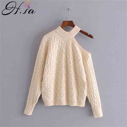 Women Fashion Sweater and Pullovers One Shoulder Off Sexy Jumpers Twisted Long Harajuku Knit s 210430