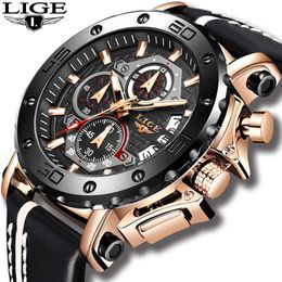 LIGE Fashion Business Mens Watches Top Brand Luxury Leather Military Wateproof Quartz Gold Watch Men Sport Chronograph 210527