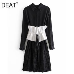 Lapel Collar White Girdle High Waist Long Sleeve Mid Calf Pleated Dress Women Street Spring And Summer GX1034 210421