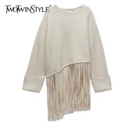 Casual Patchwork Tassel Sweater For Women O Neck Long Sleeve High Street Loose Knitted Tops Female Fashion 210524