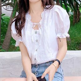 Summer Women Blouse Fashion Hollow Out Square Collar Sweet Backless Top Lace-up Casual Puff Short Sleeve White Blusas Chic 210527