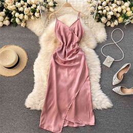 Spring Fashion V-neck Strap Vestidos Feminine Strapless Slim Slimming Midi Dress with Irregular Temperament C696 210506