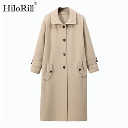 Korean Solid Office Wear Long Coat Women Elegant Batwing Sleeve s Outerwear Thicken Warm Casual Woollen 210508