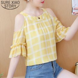 Summer Fashion Chiffon Blouse Short Sleeve Off Shoulder Clothing Casual O-neck Lattice Sweet Women Tops 5550 50 210415