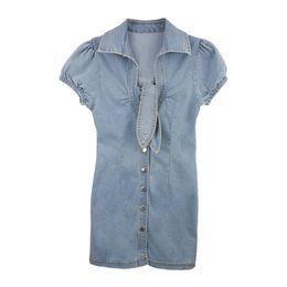 Blue Turn Down Collar Button Short Sleeve Mini Denim Dress Solid Summer Women Female D1802 210514