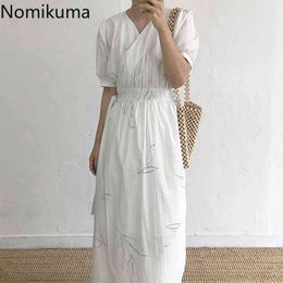 Nomikuma Slim Waist Lace Up Vintage Dress Women Robe V Neck Short Sleeve Printed Korean Chic Dresses Summer Vestidos Mujer 210514