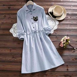 Fashion Spring Autumn Dress Cotton Linen Turn-down Collar Long Sleeve Slim Cute Cat's Embroidery Mini Striped Dresses 210520