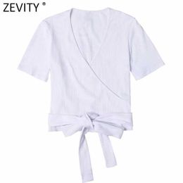 Zevity Women Simply Cross V Neck Hem Bowknot Short Chic T Shirt Ladies Candy Color Short Sleeve Casual Slim Crop Tops LS7551 210603