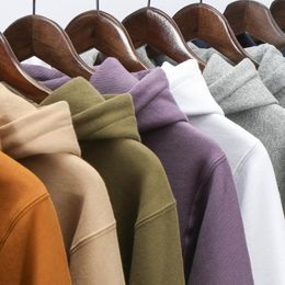 Moletons masculinos com capuz 460g de algodão puro pesado de alta qualidade malha horizontal com capuz suéter cor sólida plus veludo solto tamanho grande