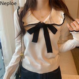 Neploe Knitted White Pullovers Peter Pan Collar Lace Up Bow Sweet Sweaters for Women Ruffles Long Sleeve Jumper Coat Female 210422