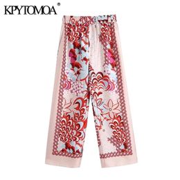 KPYTOMOA Женщины шикарные моды лоскутное цветочное печать Широкие брюки ног старинные высокие эластичные талии женские лодыжки брюки Mujer 210915