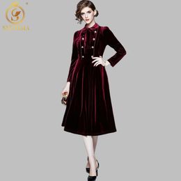 Fashion Double-Breasted Velvet Long Dress Women Winter Sleeve Bow Office Vintage Party 210520