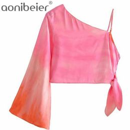 Tie Dye Print Casual Blouses Summer Fashion Asymmetric Shoulder Flare Sleeve Knot Detail Women Crop Tops Female Blouse 210604