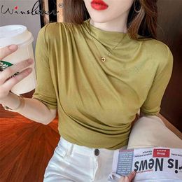 Summer European Clothes Cotton T-Shirt Girls Solid Fashion Sexy Drape Women Tops Half Sleeve Bottoming Shirt Tees T12814A 210421