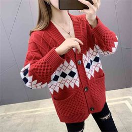 Women Knitted Cardigans Sweater Korean Style Autumn Long Sleeve Loose Coat Casual Button Thick V Neck Solid Female Tops 210427
