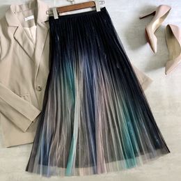 Fashon Summer bright silk rainbow gradient mesh skirt for womens high waist pleated mid-length drape a-line 210420
