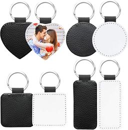 Party Sublimation Keychain PU Leather Heat Transfer Keyring Heart-shape Square Rectangle Christmas Hanging Pendant with Round Ring