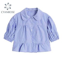 Summer Women's Vintage Plaid Crop Blouse Fashion Polo Collar Puff Short Sleeve Shirts Female Casual Sweet Ruffle Blusas 210515