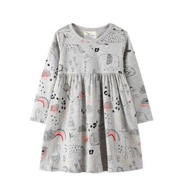 Jumping Meters Long Sleeve Cartoon Dresses for Baby Girls Cotton Clothing Animals Print Fashion Selling Kids Autumn Spring 210529