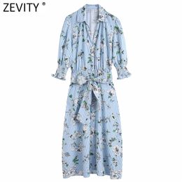 Women Vintage Flower Print Striped Sashes Shirt Dress Office Lady Chic Pleat Puff Sleeve Breasted Midi Vestido DS8242 210416