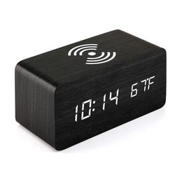 Other Clocks & Accessories Smart Led Wooden Electronic Alarm Clock Charging Creative Bedside Mute Wireless Charger Digital