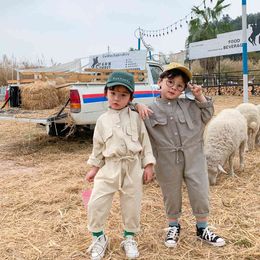 Korean style spring autumn boys girls fashion solid Colour oversized one-pieces kids long sleeve jumpsuits 1-6Y 210508