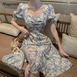 Vintage Floral Dress Women Summer Clothes Puff Sleeve Split Chiffon Female Robe Femme Loose Korean Print es 14555 210512