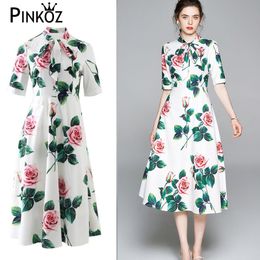 vintage elegant rose flower print bow collar plus size dress women work party dresses A-line chic daily wear boho mujer 210421