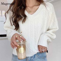 Loose Pullover Women Sweater Autumn Winter V-neck Plus Size Knitted Solid Twist Jumper s For Fashion 11638 210512