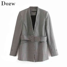 Women Chic Sashes Plaid Blazers Stand Collar Button Streetwear Coat Pockets Long Sleeve Female Jacket Houndstooth Outerwear 210515