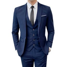 Business Men's Groomsmen Blazers Trousers Groom Wedding Dress Banquet Solid Color Slim Fit Suit Jacket Coat Vest Pants Set 3 Pcs X0909