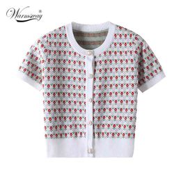 Summer Short Sleeve Knitted Cardigan Women Slim T-shirt Hit Colour Jacquard Weave Pearl Buttons Tees Top Female B-091 210522