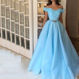 Ice Blue Glitter Prom Dresses Off The Shoulder Crystal Evening Gowns Pleat Skirt A Line Womens Special Ocn Dress 326 326